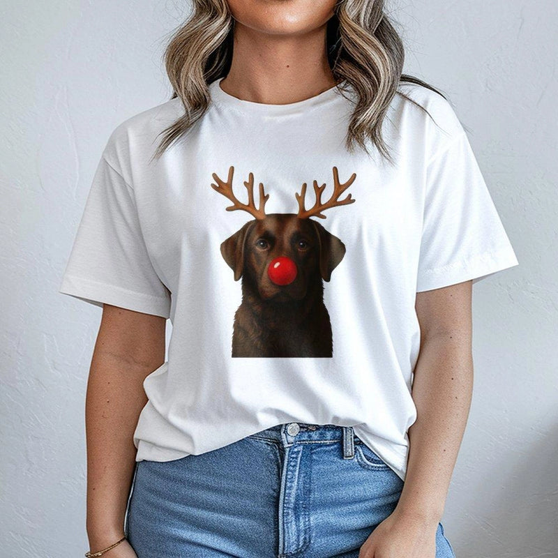 Reindeer Antlers Lab Dog Graphic Tee, Chocolate Labrador Christmas T-Shirt, Humorous Dog Lover Holiday Shirt, Festive Xmas Puppy Graphic Tee
