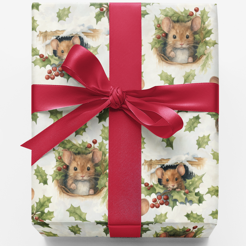 Forest Animal Christmas Gift Wrap, Winter Woodland Mice Wrapping Paper, Holiday Mouse Present Paper Roll, Nature Xmas Wrapping Paper