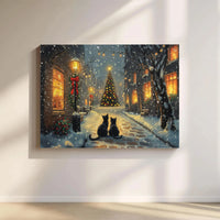 Snowy Village Holiday Street Canvas Wall Art, Black Cat Christmas Canvas Print, Winter Cat Landscape Canvas, Holiday Home Decor Present