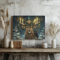 Whimsical Deer and Cat Canvas Print, Christmas Stag Canvas Wall Art, Candlelit Winter Forest Poster, Holiday Decor Printable Download