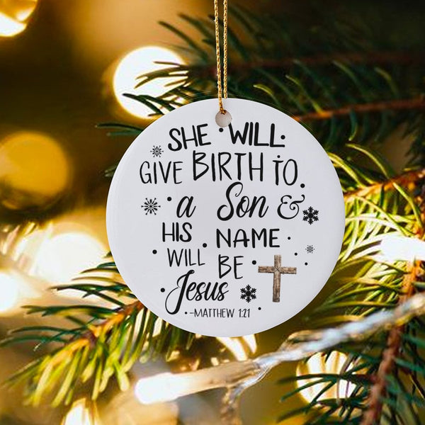 Religious Bible Verse Christmas Ornament, Matthew 1:21 Scripture Ceramic Ornament, Christian Holiday Tree Ornament, Faith Fam