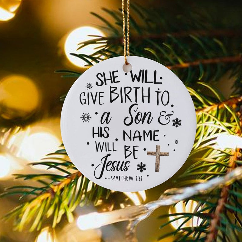 Religious Bible Verse Christmas Ornament, Matthew 1:21 Scripture Ceramic Ornament, Christian Holiday Tree Ornament, Faith Family Present