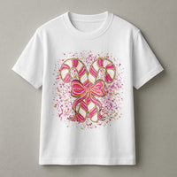 Coquette Bow Graphic Tee, Pink Candy Cane Christmas T-Shirt, Preppy Holiday Shirt, Adorable Aesthetic Xmas Graphic T-Shirt, Present for Women
