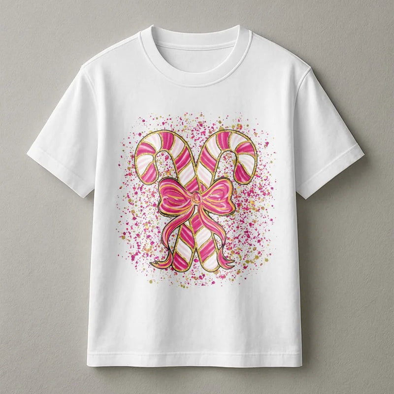 Coquette Bow Graphic Tee, Pink Candy Cane Christmas T-Shirt, Preppy Holiday Shirt, Adorable Aesthetic Xmas Graphic T-Shirt, Present for Women