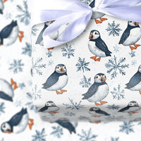 Winter Snowflake Gift Wrap, Puffin Bird Wrapping Paper, Adorable Arctic Animal Wrapping Paper, Christmas Holiday Gift Wrap Roll, Birthday Paper