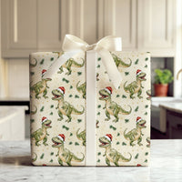 Christmas Dino Gift Wrap, Santa Hat T-Rex Dinosaur Wrapping Paper, Adorable Holiday Dinosaur Wrapping Paper, Kids Festive Gift Wrapping Paper
