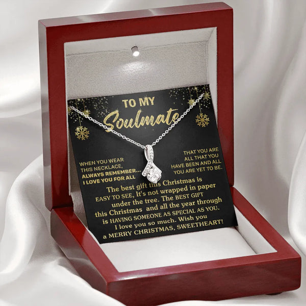 Sparkly Cubic Zirconia Pendant, Soulmate Ribbon Necklace, 14k White Gold Over Stainless Steel Necklace, Romantic Wife Christm