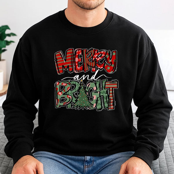 Plaid Christmas Tree Crewneck, Merry and Bright Sweatshirt, Festive Holiday Pullover Sweater, Adorable Winter Xmas Graphic Sw