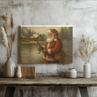 Rustic Log Cabin Christmas Canvas Art, Santa Claus Fishing Canvas, Winter Landscape Canvas Print, Holiday Wall Decor, Fisherman Xmas Present