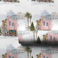 Tropical Palm Tree Gift Wrap, Coastal Christmas Wrapping Paper, Watercolor Cityscape Wrapping Paper, Warm Holiday Season Wrapping Paper