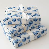 Blue Ornament Holiday Gift Wrap, Coastal Christmas Dolphin Wrapping Paper, Ocean Animal Wrapping Paper, Nautical Xmas Gift Wrapping Paper