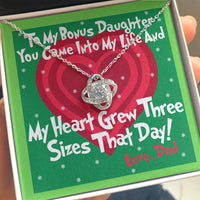 Stepdaughter Pendant Necklace, Bonus Daughter Love Knot Necklace, Christmas Message Card Knot Necklace, Present for Stepdaughter from Dad