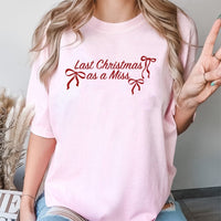 Festive Bow Typography Bride Tee, Last Christmas as A Miss T-Shirt, Holiday Engagement Graphic Shirt, Winter Bachelorette Present for Her