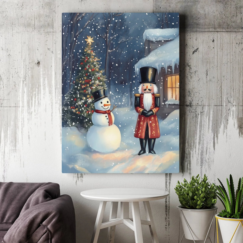 Snowy Winter Scene Canvas Print, Nutcracker and Snowman Christmas Wall Art, Whimsical Holiday Canvas Decor, Festive Christmas Present
