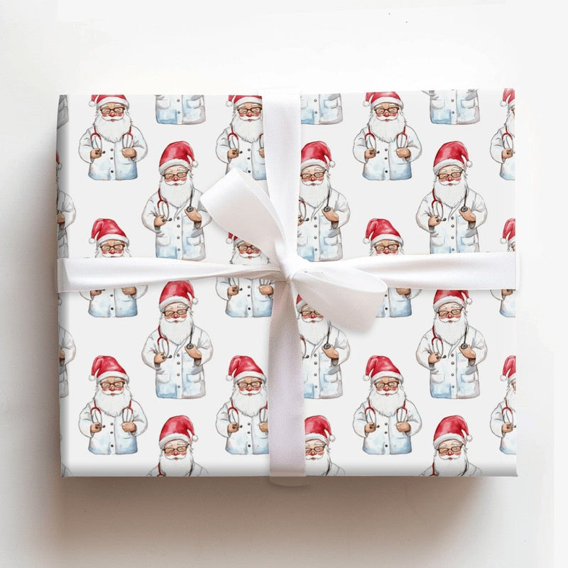 White Lab Coat Christmas Gift Wrap, Doctor Santa Wrapping Paper, Watercolor Medical Santa Wrapping Paper, Nurse Doctor Holiday Gift Wrap