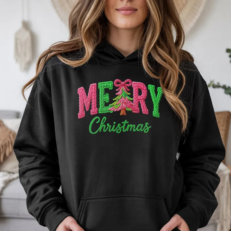 Faux Yarn Knit Pattern Sweatshirt, Merry Christmas Hoodie, Comfy Holiday Season Pullover, Festive Vintage Xmas Graphic Hoodie