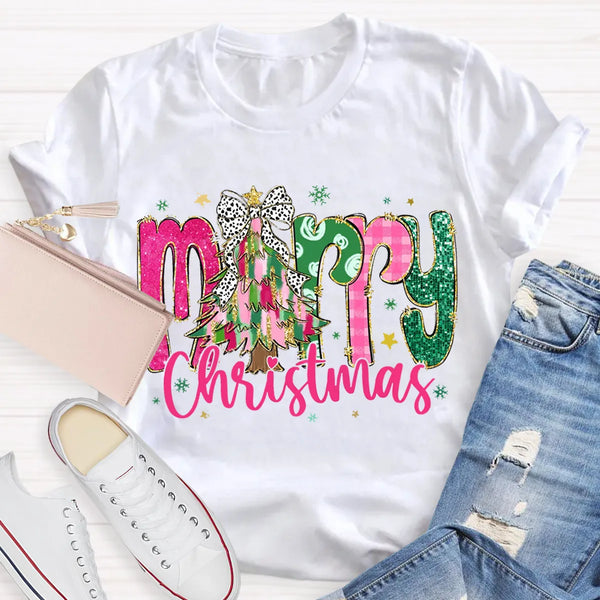 Festive Holiday Teacher Shirt, Merry Christmas Colorful Glitter Teacher T-Shirt, Christmas School Educator Graphic Tee