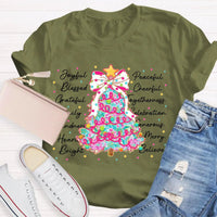 Aesthetic Holiday Graphic Tee, Joyful Peaceful Cheerful Christmas Tree T-Shirt, Retro Xmas Tree Shirt, Festive Winter Holiday Party Top