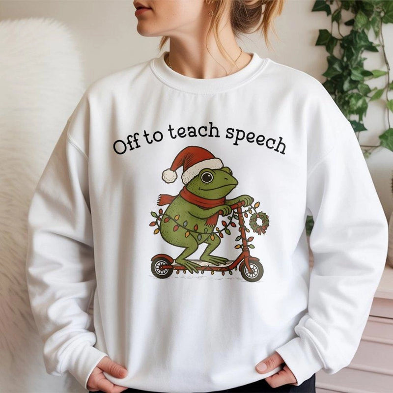 Christmas Frog Scooter Crewneck, Speech Therapist Christmas Sweatshirt, Adorable SLP Christmas Sweater, Speech Pathology Holiday Pullover