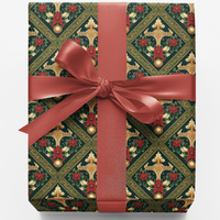 Red Poinsettia Holiday Gift Wrap Roll, Regal Gold Emblem Christmas Wrapping Paper, Vintage Green Floral Present Paper
