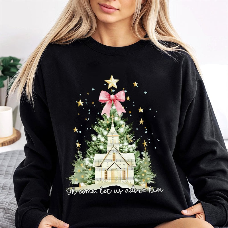 Watercolor Christmas Church Crewneck, Oh Come Let Us Adore Him Sweatshirt, Christian Bow Sweatshirt, Religious Christmas Faith Present
