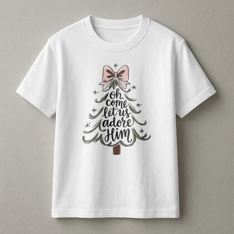 Minimalist Christmas Tree Script Tee, O Come Let Us Adore Him T-Shirt, Christian Holiday Graphic Shirt, Religious Faith Xmas Present for Her