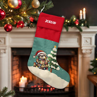 Santa Hat Sloth Holiday Stocking, Adorable Sloth Christmas Stocking, Personalized Name Christmas Stocking, Xmas Fireplace Decor Present for Kids