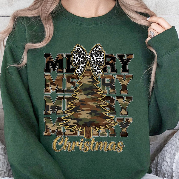 Rustic Leopard Bow Holiday Pullover, Merry Christmas Camo Tree Sweatshirt, Farmhouse Xmas Tree Crewneck, Adorable Winter Seas