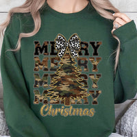 Rustic Leopard Bow Holiday Pullover, Merry Christmas Camo Tree Sweatshirt, Farmhouse Xmas Tree Crewneck, Adorable Winter Season Camo Sweater