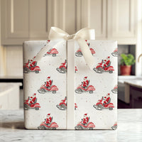 Watercolor Santa Gift Wrap, Santa Claus Snowmobile Wrapping Paper, Red Snowmobile Christmas Wrapping Paper, Whimsical Holiday Wrapping Paper