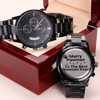 Engraved Chronograph Watch, Merry Pawmas Dog Lover Watch, Personalized Black Watch, Dog Dad Christmas Watch, Holiday Keepsake Present for Men