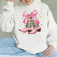 Western Holly and Bow Hooded Sweatshirt, Pink Cowboy Boots Christmas Hoodie, Coquette Cowgirl Pullover, Festive Holiday Present for Her