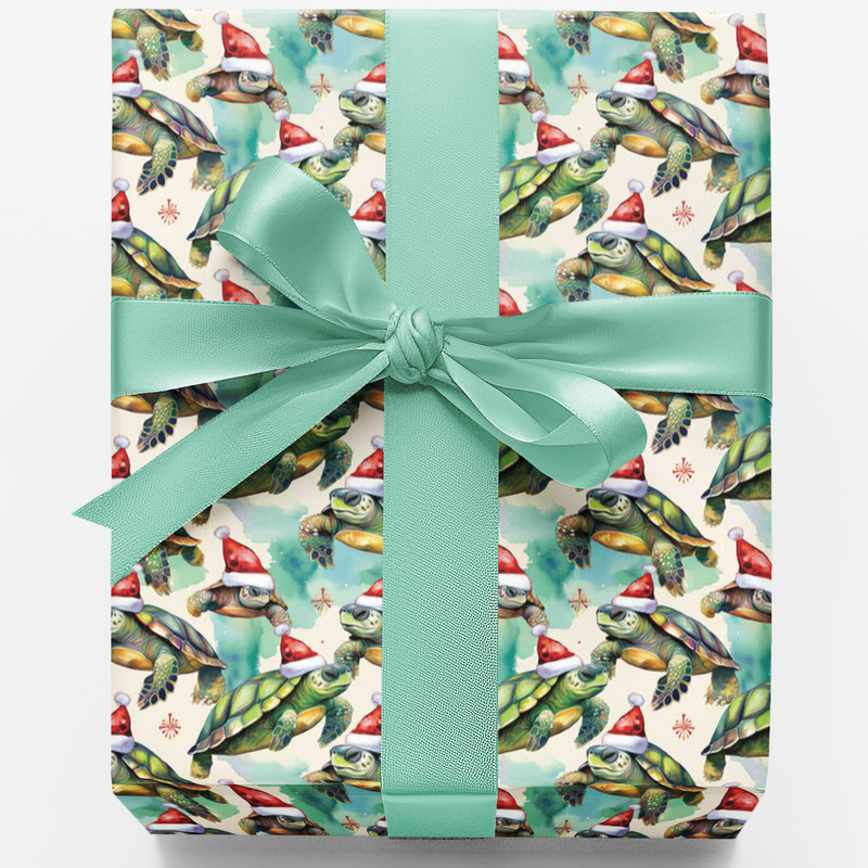 Santa Hat Ocean Gift Wrap, Sea Turtle Christmas Wrapping Paper, Shell-abrate Watercolor Wrapping Paper, Adorable Holiday Animal Present Wrap
