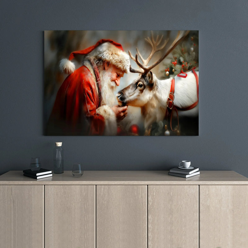Christmas Santa Claus Reindeer Print, Santa Claus and Reindeer Canvas Wall Art, Comfy Holiday Santa Wall Decor, Winter Scene Canvas