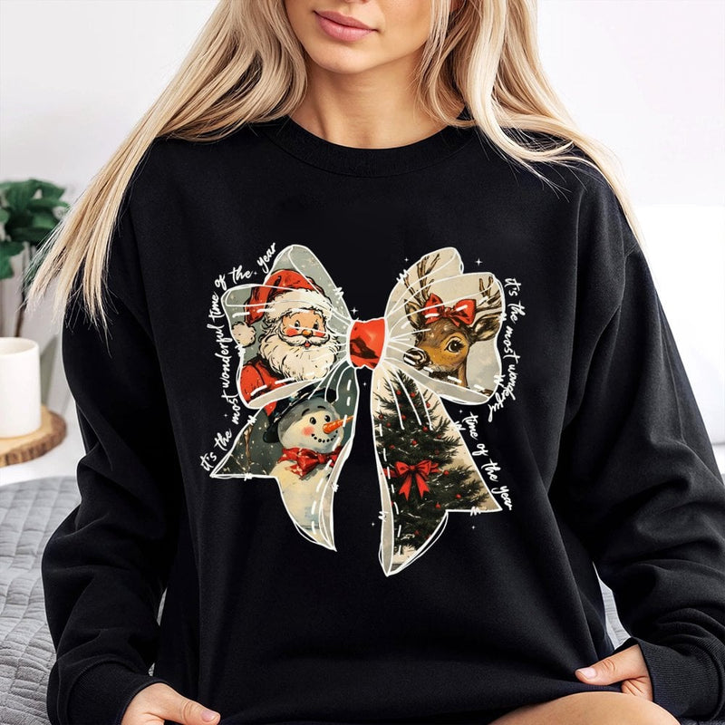 Vintage Holiday Sweatshirt, Christmas Bow Sweatshirt, Santa Reindeer Sweatshirt, Adorable Xmas Graphic Crewneck, Comfy Holiday Present for Her