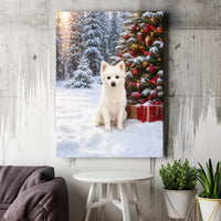Snowy Winter Scene Puppy Canvas Print, Christmas Spitz Dog Canvas Wall Art, Holiday Tree and Presents Canvas Poster