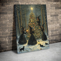 Gothic Holiday Canvas Wall Art, Witches Decorating Christmas Tree Canvas, Snowy Forest Witchy Canvas Print, Spooky Xmas Winter Home Decor