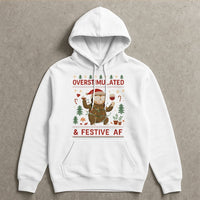 Humorous Sloth Christmas Sweatshirt, Overstimulated & Festive AF Hoodie, Wine Lover Xmas Pullover, Holiday Humor Sloth Hooded Sweatshirt
