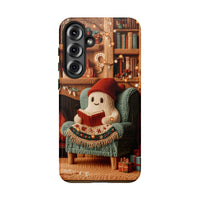 Comfy Christmas Book Lover Samsung Galaxy Tough Phone Case, Adorable Reading Ghost Phone Case, Holiday Yarn Art Ghost Cover, Bookish Present