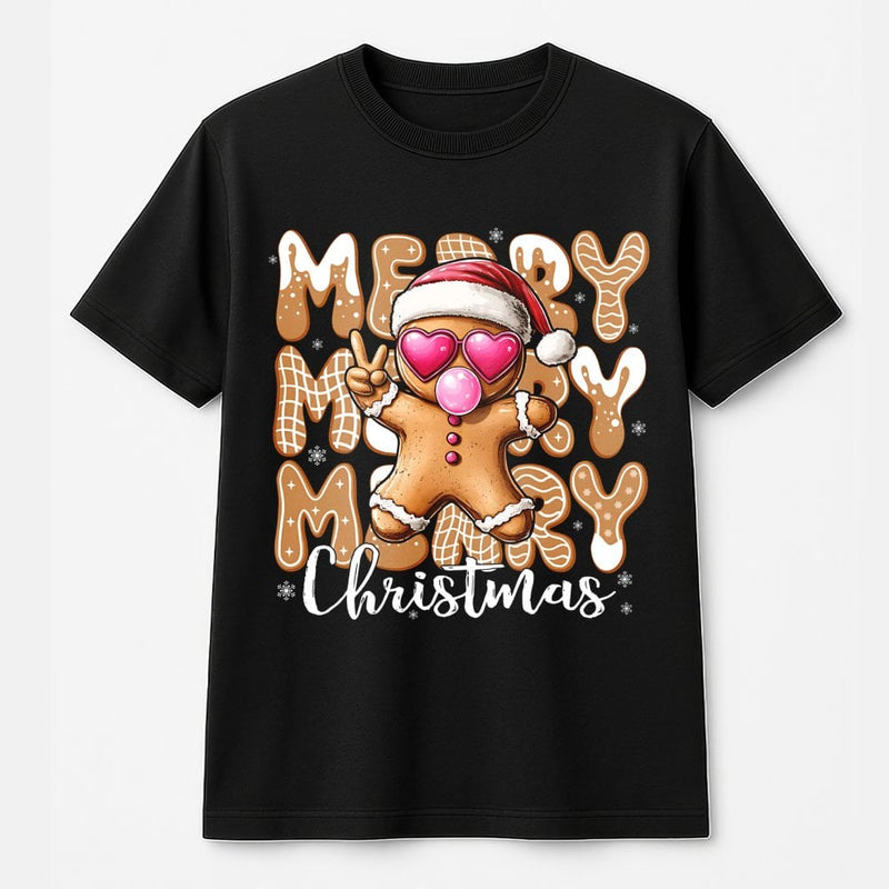 Retro Bubblegum Gingerbread Tee, Gingerbread Man Christmas T-Shirt, Adorable Heart Glasses Shirt, Festive Holiday Graphic Tee, Xmas Cookie Present