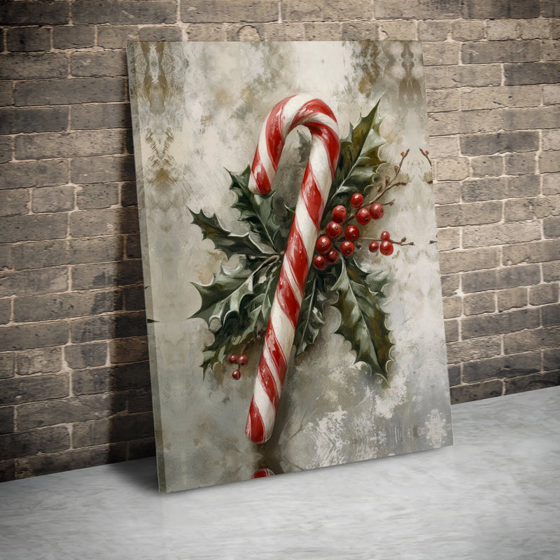 Vintage Holly Berries Holiday Poster, Christmas Candy Cane Canvas Wall Art, Rustic Farmhouse Winter Print, Festive Decor Digital Download