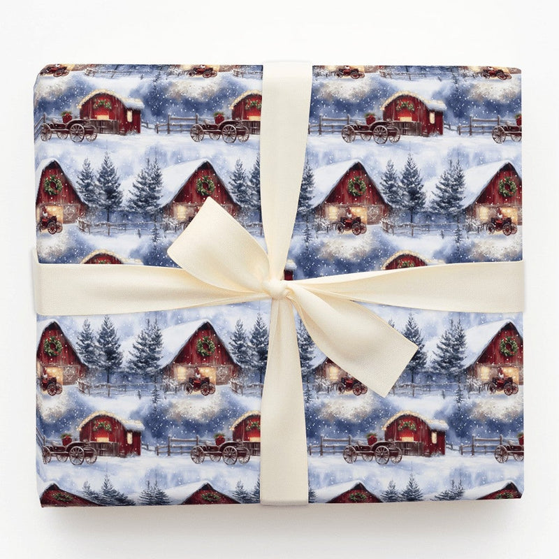 Rustic Country Wrapping Paper, Vintage Red Barn Christmas Wrapping Paper, Farmhouse Winter Gift Wrap, Snowy Holiday Wrapping Paper