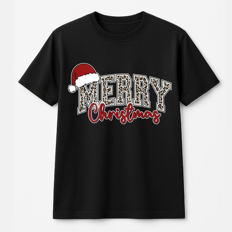 Leopard Santa Hat Holiday Graphic Tee, Merry Christmas T-Shirt, Adorable Retro Xmas Shirt, Festive Christmas Party Tee for Women Teens