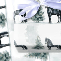 Watercolor Winter Horse Gift Wrap, Friesian Horse Christmas Wrapping Paper, Equestrian Holiday Wrapping Paper, Black Horse Wrapping Paper