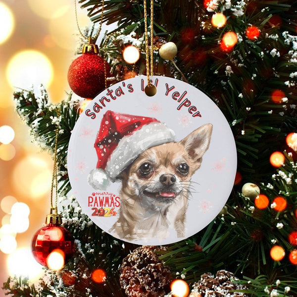 Ceramic Chihuahua Christmas Ornament, Santa's Lil Yelper Chihuahua Christmas Ornament 2024, Adorable Dog Xmas Tree Ornament, 