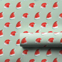 Mint Green Christmas Gift Wrap, Watercolor Santa Hat Wrapping Paper, Adorable Red Santa Hat Wrapping Paper, Secret Santa Holiday Gift Wrap Roll