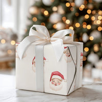 Adorable Santa Face Holiday Gift Wrap, Watercolor Santa Claus Wrapping Paper, Cream Christmas Wrapping Paper, Whimsical Holiday Gift Wrap Roll