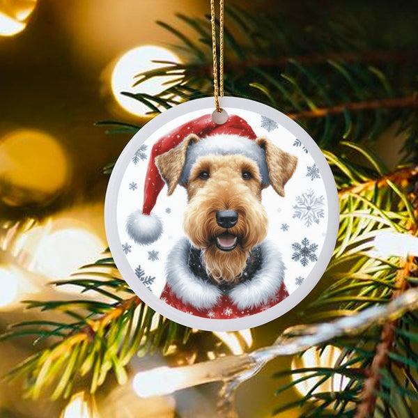 Festive Santa Hat Ceramic Ornament, Airedale Terrier Dog Christmas Ornament, Holiday Pet Keepsake Tree Ornament, Dog Lover Pr