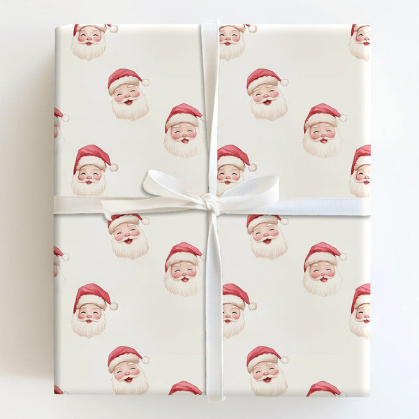 Adorable Santa Face Holiday Gift Wrap, Watercolor Santa Claus Wrapping Paper, Cream Christmas Wrapping Paper, Whimsical Holid