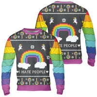 Humorous 8-Bit Rainbow Unicorn Sweater, I Hate People Ugly Christmas Sweatshirt, Introvert Holiday Crewneck, Sarcastic Xmas Graphic Pullover